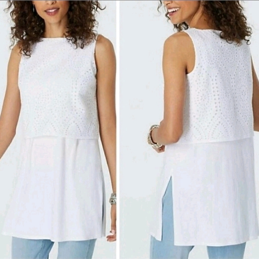 J Jill Women 100% Cotton Eyelet Overlay Sleeveless Tank Top sz LARGE Boho EUC